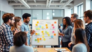 Uma sessão de brainstorming em equipe em um escritório moderno e bem iluminado. Indivíduos diversos estão ativamente engajados, esboçando ideias em um quadro branco, usando post-its coloridos e discutindo soluções animadamente. O ambiente é colaborativo e dinâmico, com foco na comunicação aberta e na resolução criativa de problemas. A cena enfatiza a importância de questionar suposições, desafiar o status quo e valorizar perspectivas diversas para impulsionar a inovação.