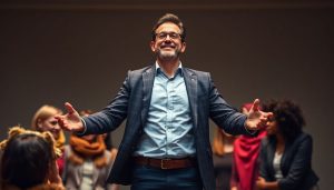 Um líder que personifica as qualidades que eles desejam ver em sua equipe: uma figura determinada liderando um grupo diversificado em direção a um objetivo compartilhado, promovendo inovação e confiança.