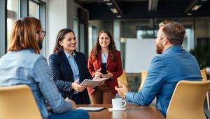 Uma reunião de equipe dinâmica em que um gerente dá feedback construtivo a um funcionário, usando o modelo SCI (Situação, Comportamento, Impacto), em um ambiente de escritório moderno.